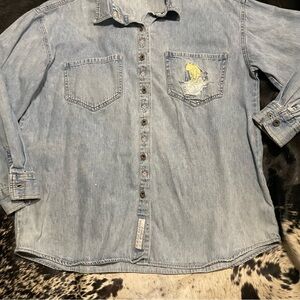 Disney Store Vintage Denim Jean Winnie‎ the Pooh Bear Long Sleeve Button up XL